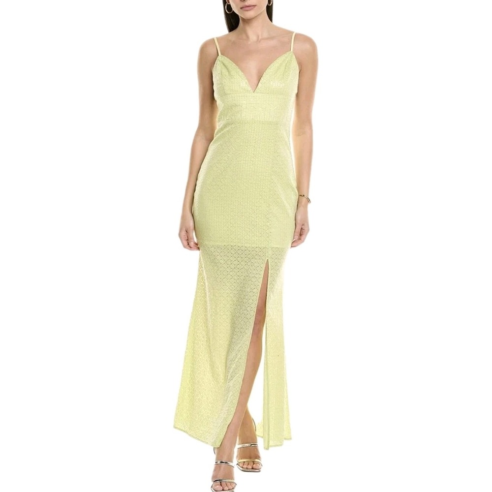 Line & Dot Lime Sequin Mesh Maxi Dress NWT Size M Plunge‎ V-Neck Lined LD5614L